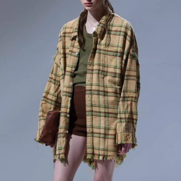 NWT R13 Yellow Checkered Cotton Shirt Frayed - Picture 2 of 11